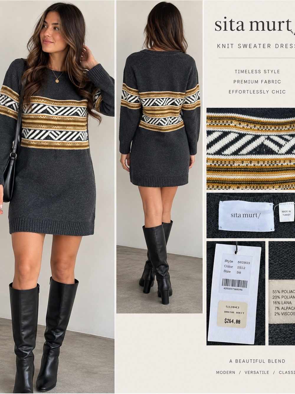 NWT Sita Murt Wool Alpaca Geometric Knit Sweater Dress EU 38